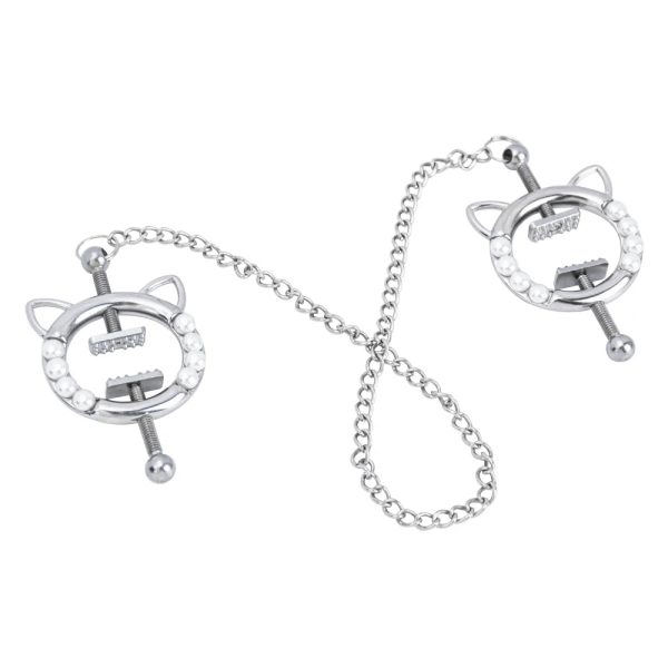 Nipple Clips Chest Jewelry Featuring Dual Cat Ears Customizable Leather Alloy Pearl or Choker - Image 7
