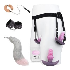 Three Sizes of Liquid Silicone Pink Anal Plugs with Tail and Vibrator Wearable