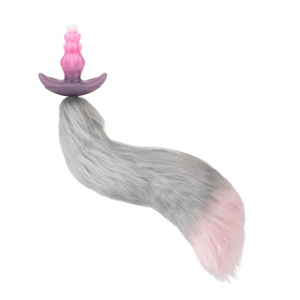 Three Sizes of Liquid Silicone Pink Anal Plugs with Tail and Vibrator Wearable - Image 5