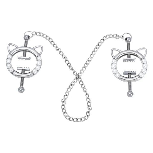 Nipple Clips Chest Jewelry Featuring Dual Cat Ears Customizable Leather Alloy Pearl or Choker - Image 2